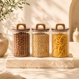 2450 ML Zahire Kavanozu 3’lü Set, Ahşap Kapaklı Kulplu Cam Erzak Saklama Kabı, Bakliyat Makarna Kahve Kuruyemiş Saklama Kavanozu, Ribbed Cam Mutfak Düzenleyici Kavanoz Seti