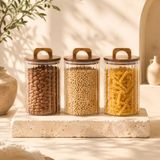 2450 ML Zahire Kavanozu 3’lü Set, Ahşap Kapaklı Kulplu Cam Erzak Saklama Kabı, Bakliyat Makarna Kahve Kuruyemiş Saklama Kavanozu, Ribbed Cam Mutfak Düzenleyici Kavanoz Seti