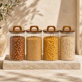 2450 ML Zahire Kavanozu 4’lü Set, Ahşap Kapaklı Kulplu Cam Erzak Saklama Kabı, Bakliyat Makarna Kahve Kuruyemiş Saklama Kavanozu, Ribbed Cam Mutfak Düzenleyici Kavanoz Seti