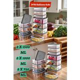 24'Lü Set Dikdörtgen Mikrodalga & Difriz Uyumlu Saklama Kabı X8 0,75 Lt/1 Lt/1,5 Lt