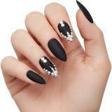 24'lü Siyah Mat Takma Tırnak Seti Lüks 3D Kristal Taşlı Desenli Uzun Oval Badem Stiletto Yapıştırıcılı Fake Nails Set, Eda Luxury Beauty