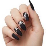 24'lü Siyah Mat Takma Tırnak Seti Lüks 3D Kristal Taşlı Desenli Uzun Oval Badem Stiletto Yapıştırıcılı False Nails Set, Eda Luxury Beauty
