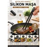 29 Cm Siyah Silikon Mutfak Maşası Büyük Boy Tek Parça Kızartma Servis Salata Maşası Pratik Uzun Sapı