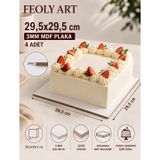 29,5x29,5 cm 3mm MDF Pasta Altlığı 4 Adet - Beyaz Lam Kaplamalı - Feoly Art | 30x30 cm standart pasta kutularına tam uyum sağlayan özel 29,5x29,5 cm ölçü - Hassas CNC kesim ile düzgün ve net kenarlar