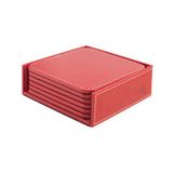 2K Bardak Altlığı,6’lı Set,Masaüstü Kare Cup Coaster,Vegan Suni Deri,11x11 cm.,Kırmızı