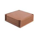 2K Bardak Altlığı,6’lı Set,Masaüstü Kare Cup Coaster,Vegan Suni Deri,11x11 cm.,Taba
