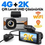 2K Smart Dashcam 4G Araç Kamerası Ön 2K Arka 720P, Gps Takip, Wifi, Uzaktan Canlı Izleme, Park Modu