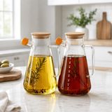 2’li 1 Litre Bambu Kapaklı Cam Yağdanlık Seti, Dereceli Kulplu Yağ ve Sirkelik, Akıtma Uçlu Mutfak Yağ Şişesi