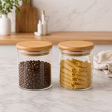 2’li 250 ML Bambu Kapaklı Cam Kavanoz Seti, Silikon Contalı Şeffaf Baharatlık ve Saklama Kabı, Çay Kahve Şeker Baharat Kuruyemiş Kavanozu