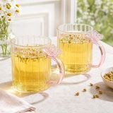 2’li 400 ml Kelebek Detaylı Borosilikat Cam Kupa Seti, Pembe Cam Kulplu Çay Kahve ve Soğuk İçecek Bardağı