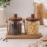 2'li 450 ml Borosilikat Cam Kavanoz Seti, Ahşap Kapaklı Kaşıklı Küçük Boy Mutfak Saklama Kabı, Kahve, Şeker, Baharat, Kuruyemiş ve Bakliyat Için Şık C - Çok Renkli