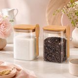 2’li 500 ml Kaşıklı Cam Kavanoz Seti, Bambu Kapaklı Şeffaf Baharatlık ve Saklama Kabı, Kahve Çay Şeker Tuz ve Kuru Gıda İçin