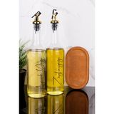 2li 750 ml Ahşap Standlı Ayçiçek Yağı ve Zeytinyağı Yağlık Sıvı Yağ Şişesi Gold Tıpalı Cam Yağdanlık - Şeffaf