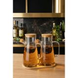 2'li 900 Ml Bambu Kapaklı Ve Altlıklı Borosilikat Cam Yağdanlık, Isıya Dayanıklı, Yağ/sirke/sosluk Şeffaf