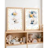 2'li Ahşap Çerçeveli Çocuk Odası Tablosu Seti - Balonlu Tavşan ve Ayılı Bebek Odası Dekoru 15x21 cm