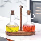 2'li Ahşap Standlı Borosilikat Cam Yağdanlık Seti - Yağlık Sirkelik Zeytinyağ Sıvıyağ Şişesi 2X350ML