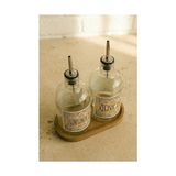 2'li Ahşap Stantlı Çeliktıpalı 750 ml Cam Ayçiçek Yağı Zeytinyağı Şişesi Yağdanlık Vintage (At) (Froldeat)