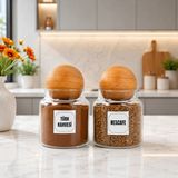 2'li Ahşap Top Kapaklı Cam Türk Kahvesi Hazır Kahve Saklama Kavanozu Seti 500 ml Etiket Hediyeli - Şeffaf - Açık Kahverengi - 2 Adet - 1000 ml