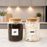 2'li Ahşap Vakum Kapaklı Cam Çay Şeker Saklama Kavanozu Seti 800 ml Etiket Hediyeli - Şeffaf - Açık Kahverengi - 2 Adet