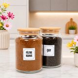 2'li Ahşap Vakum Kapaklı Cam Filtre Kahve Çay Saklama Kavanozu Seti 800 ml Etiket Hediyeli - Açık Kahverengi - Şeffaf - 2 Adet