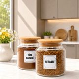 2'li Ahşap Vakum Kapaklı Cam Türk Kahvesi Hazır Kahve Saklama Kavanozu Seti 500 ml Etiket Hediyeli - Şeffaf - Açık Kahverengi - 2 Adet - 1000 ml