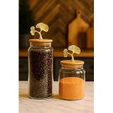 2’Li Altın Metal Ginkgo Figürlü Bambu Kapaklı Cam Kavanoz – Saklama Kabı 1400Ml + 890 Ml