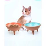 2li Ayaklı Sırlı Toprak Çömlek Kedi - Köpek Mama Kabı (15CM) - Beyaz