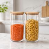2’li Bambu Kapaklı Cam Saklama Kavanozu Seti 1400 ml, Sızdırmaz Silikon Contalı Şeffaf Erzak Kabı, Makarna Bakliyat Pirinç Kahve ve Kuru Gıda Saklama Kabı
