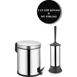 2'li Banyo Seti Paslanmaz Pedallı Metal 5 Lt Çöp Kovası Wc Klozet Tuvalet Fırça Seti Banyo Çöp Kova