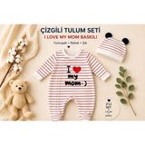 2'li Bebek Tulum Seti - Şapkalı I Love My Mom Baskılı - Kırmızı - 0- 3 Ay