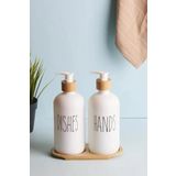 2’li Beyaz Mutfak Sıvı Sabunluk Seti 500ml+500ml Bambu Standlı