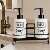 2'li Beyaz Seramik Sıvı Sabunluk ve Deterjanlık Seti, Hand Soap ve Dish Soap Yazılı, 2 x 400 ml Kapasiteli, Mutfak Tezgâhı ve Banyo İçin Düzenleyici, 21 x 8 x 14 cm