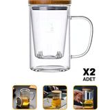 2Li Borosilikat Cam Suzgecli Bambu Kapakli Kupa Kulplu Demlik Tarz Cift Kat Bitki Cay Bardagi 600Ml