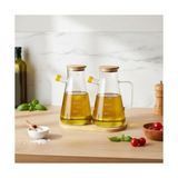 2'li Büyük Boy Şeffaf Cam Yağdanlık Seti - Bambu Kapaklı ve Standlı Elmas Desenli Yağlık Sirkelik (2 x 900 Ml)