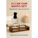 2’li Cam Ahşap Standlı Banyo Seti – Sabunluk ve Bardak – 430 ml – Modern Şık Tasarım ERKG-OPH-001563
