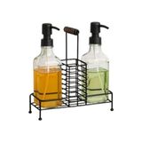 2'li Cam Dispenser Seti – Metal Taşıyıcılı Sıvı Sabun & Deterjan Pompa Şişeleri, Endüstriyel Mutfak & Banyo Organizer - 0-Kahverengi - Option-1
