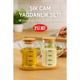2’li Cam Yağlık Sirkelik Seti 200 ml Ölçülü Borosilikat Cam Yağdanlık + Bambu Stand