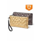 2'li Çanta Paketi Yıldız Desenli Portföy El Çantası Bilek Askılı Clutch Çanta