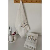 2'li Çiçek Nakışlı Jakarlı Kadife El Yüz Havlusu - %100 Pamuk -Krem - 50 x 90 cm
