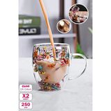 2'li Çift Cidarlı Çiçekli Bardak 250ML Kahve Çay Bardağı El Yapımı Kulplu Borosilikat Cam Bardağı - 250 ml