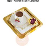 2'li Çift Tarafı Gold Tepsi, Kirazlı Kahve Fincanı, Lokumluk Set 8 Parça - 1 Adet