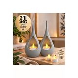 2’Li Dekoratif Mumluk Seti – Modern Teardrop Tasarım, 2 Adet Led Mum Hediyeli, Şık Ev Dekorasyonu - Gri