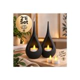 2’Li Dekoratif Mumluk Seti – Modern Teardrop Tasarım, 2 Adet Led Mum Hediyeli, Şık Ev Dekorasyonu - Siyah