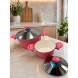 2'li Döküm Seramik 20 Cm+28 cm Çelik Kapaklı Derin Tencere Seti-Pembe - Gri - 18 cm, 24 cm