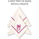 2’li Fiyonk Nakışlı Kumaş Peçete – 40X40 cm Fuşya Piko Detaylı Leke Tutmaz Duck Kumaş - 40 x 40 - Beyaz