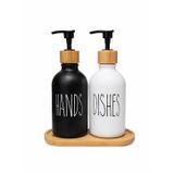 2’li Hands & Dishes Siyah Beyaz Cam Sabunluk Seti – Modern Minimalist Tasarım, 500 ml Kapasiteli, Bambu Standlı Dekoratif Mutfak & Banyo Sıvı Sabunluk Dispenser Seti