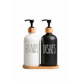 2’li Hands Dishes Siyah Beyaz Cam Sıvı Sabunluk Seti 500 ml, Bambu Standlı Dekoratif Mutfak & Banyo Sabunluk Dispenser Seti Şık Modern Tasarım