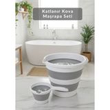 2’li Katlanır Akordiyon Kova & Maşrapa Seti – Yer Tasarruflu, Gri-Beyaz Renk - 35X25