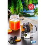 2'li Kavanoz Bardak Pipet Hediyeli Set Model Kokteyl Soğuk Kahve Meşrubat Bardak Seti
