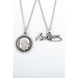 2'li Kemal Atatürk İmza - Madalyon Gümüş Kaplama Kolye Seti - Silver - 60 cm